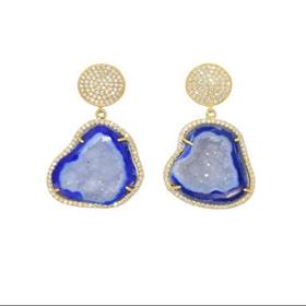 18k Gold Plated Blue Geode Prong Set Gemstone 925 Sterling Silver CZ Embedded Earrings