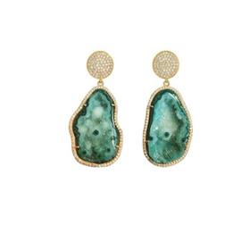 18k Gold Plated Green Geode Prong Set Gemstone 925 Sterling Silver CZ Embedded Earrings