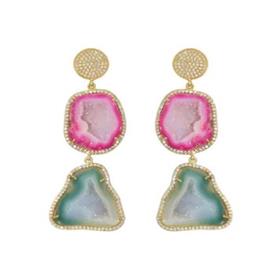 18k Gold Plated Pink & Aqua Green Geodes Double Prong Set Gemstone 925 Sterling Silver CZ Embedded Drop Earrings