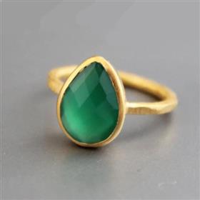 18k Gold Plated Over on 925 Sterling Silver Pear Shape Green Onyx Checkerboard Cut Gemstone Bezel Ring