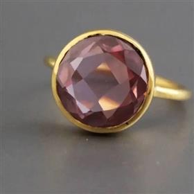 18k Gold Plated Roud Shape Vine Color Quartz Checkerboard Cut Gemstone Bezel Ring