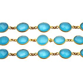 18k Gold Plated Aqua Chalcedony Round Gemstone Bezel Connector 925 Sterling Silver Chains