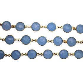 18k Gold Plated Round Blue Chalcedony Gemstone Bezel Set Connector Sterling Silver  Chain
