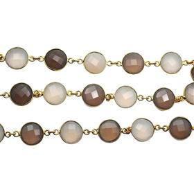 18k Gold Plated White and Gray Monalisa Gemstones Round Gemstone Bezel Set Connector Chains