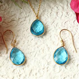 18k Gold Plated London Blue Quartz Pear Shape Gemstone Bezel Sterling Silver Necklace & Earrings Set