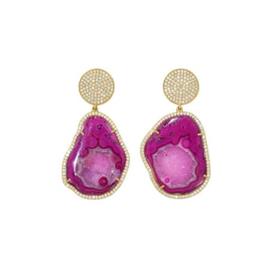 18k Gold Plated Pink Geode Prong Set Gemstone 925 Sterling Silver CZ Embedded Earrings