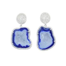Blue Geode Prong Set Gemstone 925 Sterling Silver CZ Embedded Earrings