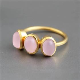 925 Sterling Silver Smooth Pink Chalcedony Three Stone Bezel Set Ring
